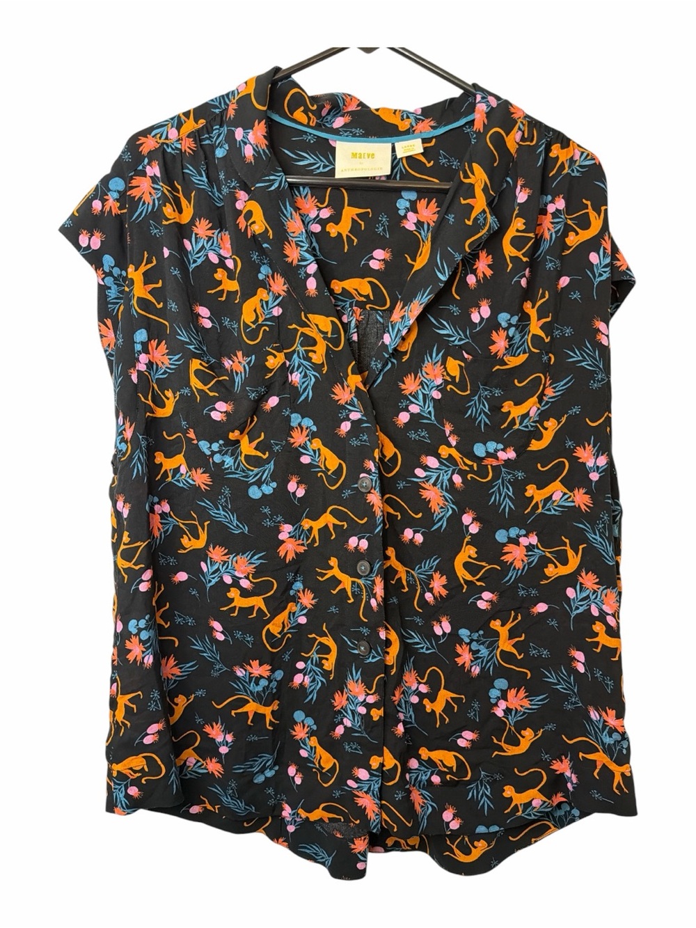 Maeve Anthropologie Shirt Black Jungle Monkey Print Button Up Cap Sleeve